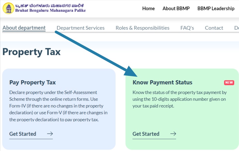 BBMP - Bangalore Municipal Corporation property tax payment status